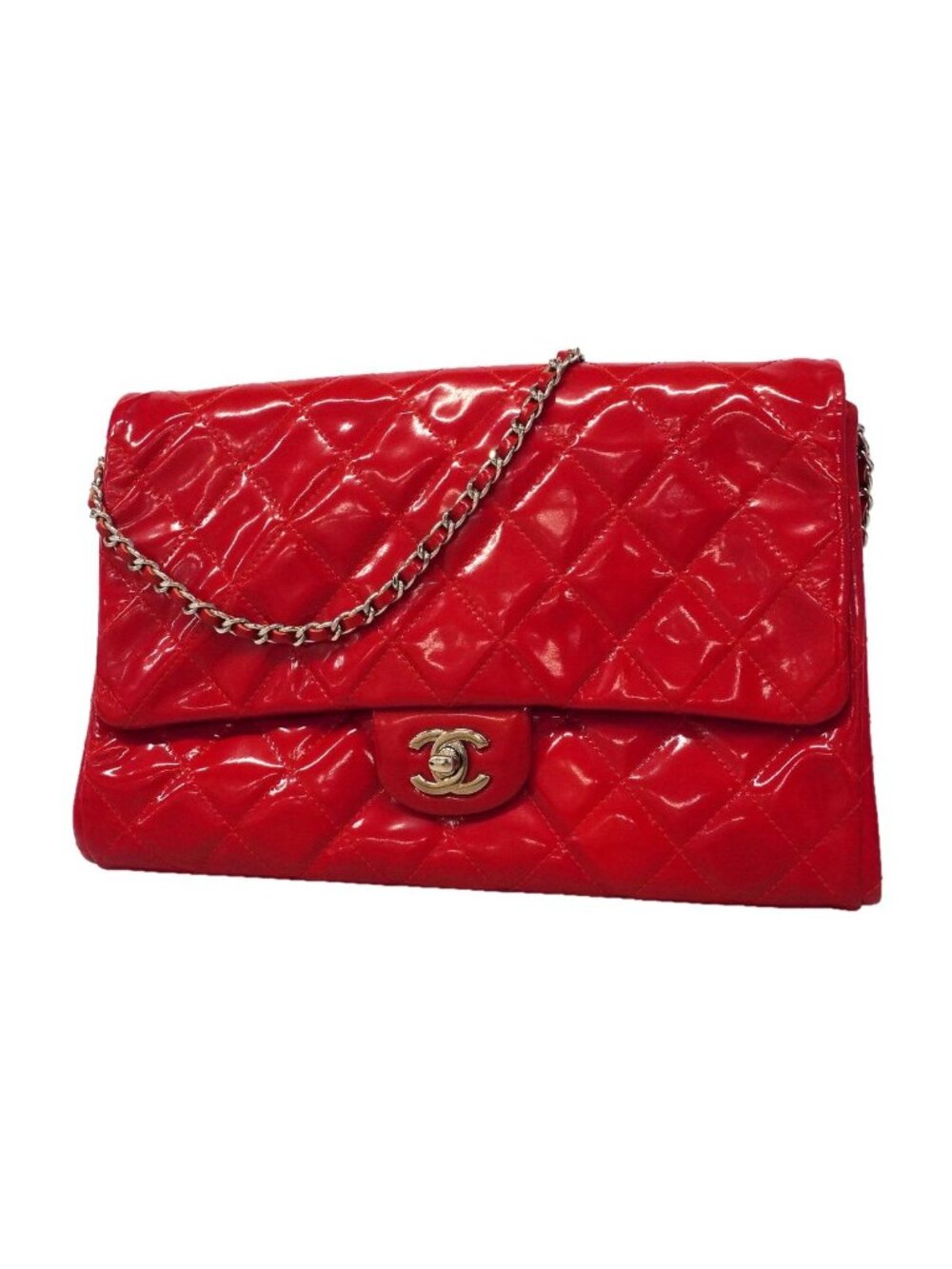 Chanel Shoulder Bag Quilted Patent Leather Red Silver